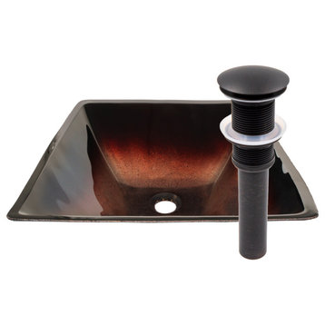 Novatto Rame Copper and Black Square Glass Vessel Bathroom Sink with Drain, Oil Rubbed Bronze