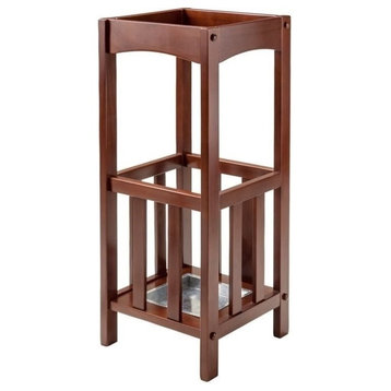 Pemberly Row Transitional Solid Wood Umbrella Stand with Tray in Walnut
