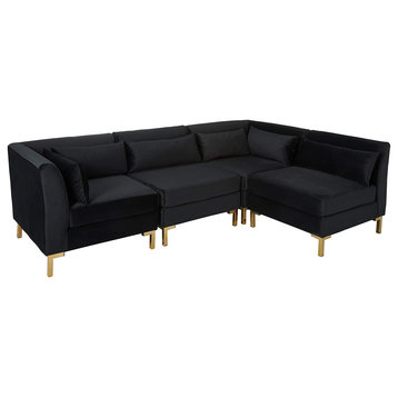 Modular Sectional Sofa, Elegant Design With Gold Metal Legs & Velvet Seat, Black