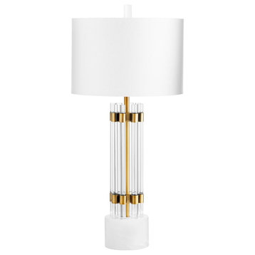 Kerberos Table Lamp 1-Light Brass Glass & Marble Off White Linen Shade 32.75"H