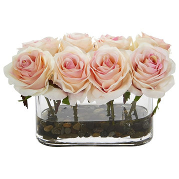 5.5" Blooming Roses, Glass Vase Artificial Arrangement, Light Pink