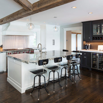 Weathered Antique Box Beams as a Dark Gray Brown Accent in a Contemporary White 