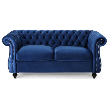 Chesterfield Loveseat, Birchwood Legs With Tufted Back & Rolled Arms, Navy Blue