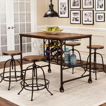 Sunset Trading 5 Piece Rustic Elm Industrial Pub Table Set with Built-In Wine Ra