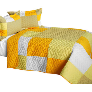 Gorgeous Sunshine 3PC Cotton Vermicelli-Quilted Patchwork Plaid Quilt Set-Full/Q