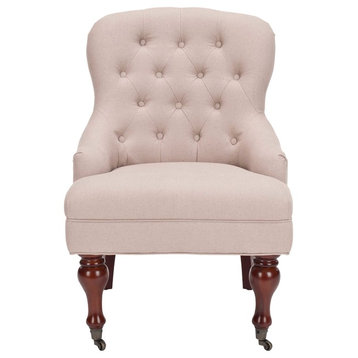 Safavieh Falcon Tufted Arm Chair, Taupe, Cherry Mahogany, Without Nail Head