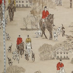Horse Hunt Fabric Equestrian Hounds Toile Red Gold, Standard Cut - A horse hunt fabric. An equestrian fabric done as a colored toile on beige. This horse and hound fabric has a retro feel. This is done in shades of brick red, gold, and white with charcoal on a beige background, with grey and taupe highlights. All colors are tonal. Depending on the light this can appear more grey or tan. The effect from a distances is of red, gold, and white with charcoal on tonal beige.