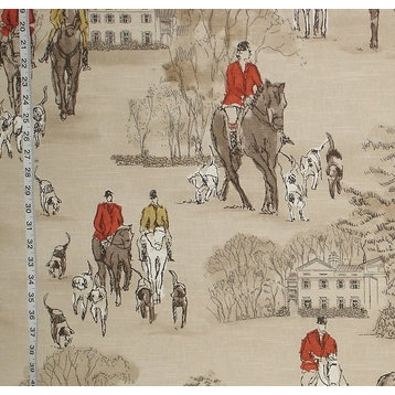 Horse Hunt Fabric Equestrian Hounds Toile Red Gold, Standard Cut