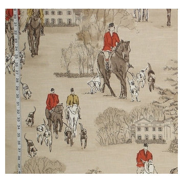 Horse Hunt Fabric Equestrian Hounds Toile Red Gold, Standard Cut