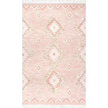nuLOOM Hand Woven Wool Savannah Moroccan Fringe Area Rug, Pink 4'x6'
