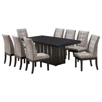 9 Piece Dining Set, Cappuccino Wood and Gray Fabric, Table and 8 Chairs