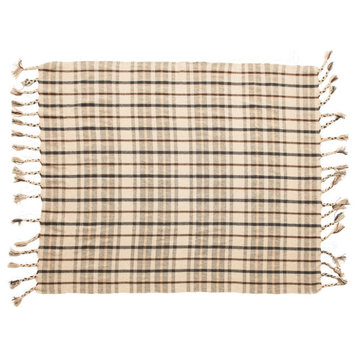 Woven Recycled Cotton Blend Plaid Throw With Tassels, Charcoal/Brown