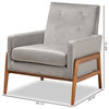 Perris Mid-Century Grey Velvet Upholstered and Brown Finished Wood Lounge Chair