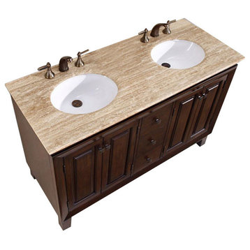 55 Inch Small Brown Double Sink Bathroom Vanity, Travertine Top, Transitional