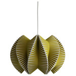 Ciara O'Neill - Vault Pendant Light, Olive - Give an edgy and contemporary look to your living space with the Vault Pendant Light. It is inspired by the elegant ceiling supports found in church architecture. The material of this olive-coloured pendant lamp is pushed to its limits to create a dynamic sculptural form. When lit, its complex structure is further revealed as light filters through the ribbed elements with varying degrees of intensity. Using bespoke components and artisan production techniques, this pendant light is skillfully handcrafted from fluted polypropylene. It is produced in Ciara O'Neill's East London studio. Please note the long lead time is due to the fact that this product is handcrafted and made to order. This allows us to ensure that you receive a high-quality, personalised product.