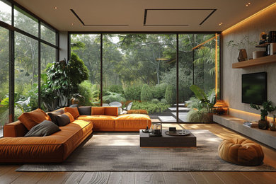 Living room - large modern open concept brown floor living room idea in Other with gray walls and a wall-mounted tv