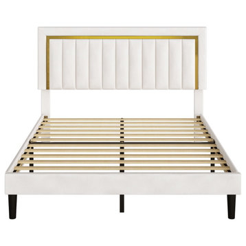 Elegant Bed Frame, Channeled Velvet Headboard & Strip Gold Accent, White, Full