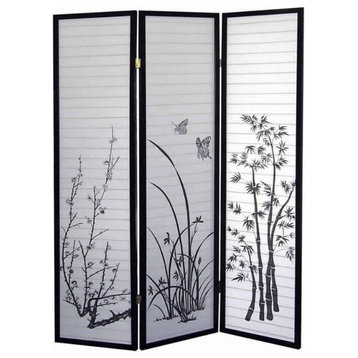 Benzara BM96092 Naturistic Print Wood & Paper 3 Panel Room Divider,White & Black