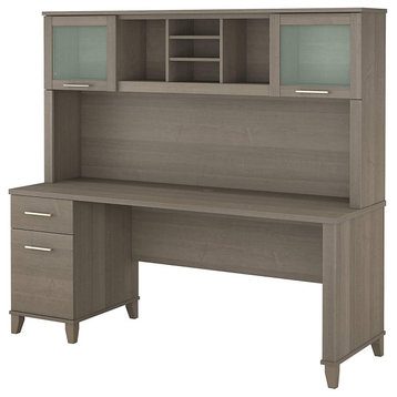 Spacious Rectangular Desk With Hutch and Frosted Glass Cabinet Doors, Ash Grey