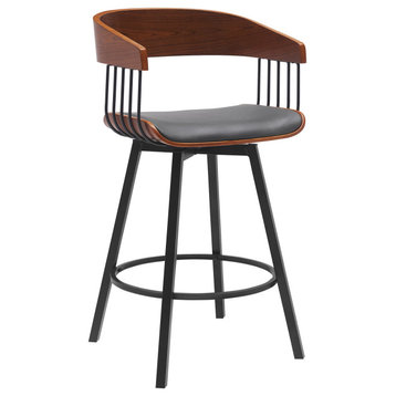 Athena Swivel Walnut Wood Counter Stool Gray Faux Leather With Black Metal, 27"