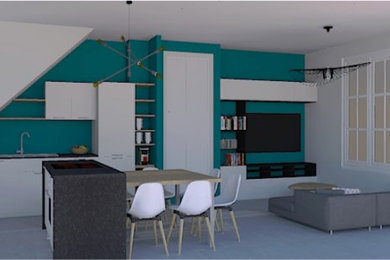 Exemple d'une salle de séjour tendance ouverte avec un mur bleu, un sol en carrelage de céramique, aucune cheminée, un téléviseur fixé au mur et un sol gris.