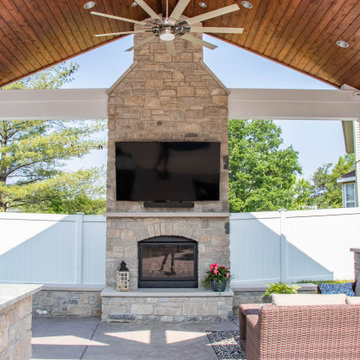 Open Gable Pool House with Fireplace and Grilling Area