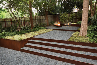 Design ideas for a mid-sized contemporary backyard patio in Dallas with a fire feature and gravel.