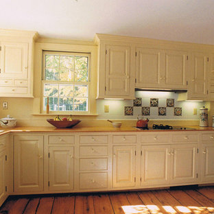 Large kitchen pantry appliance - Kitchen pantry - large l-shaped medium tone wood floor kitchen pantry idea in Bridgeport with a double-bowl sink, yellow cabinets, white backsplash, black appliances and no island