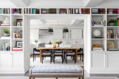 Large transitional dark wood floor and brown floor kitchen/dining room combo photo in New York