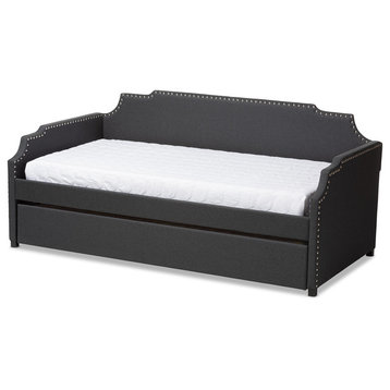 Shani Upholstered Twin Sofa Daybed With Roll Out Trundle Guest Bed, Charcoal