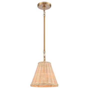 Rydell 9'' Wide 1-Light Mini Pendant Brushed Gold and Rattan