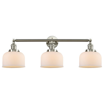 Large Bell 3-Light Bath Fixture, Brushed Satin Nickel, Glass: Matte White Cased