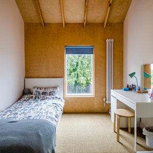 Small modern gender neutral children’s room in Cambridgeshire with brown walls and carpet.
