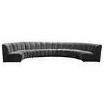 Meridian Furniture - Infinity Channel Tufted Velvet Modular Chair, Gray, 7 Piece - Create a seating group that works for every possible situation with this Infinity modular 7-piece sectional and other pieces in the Infinity collection. Upholstered in soft grey velvet material that feels great against the skin and offers long-wearing beauty, this piece fits with other Infinity items for an infinite number of combinations that get your seating requirements just right but that look just as nice when used on their own.
