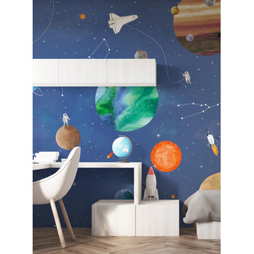 Space Mural Wallpaper, Peel and Stick Vinyl Wallpaper, Blue, Set of 2 Sheets