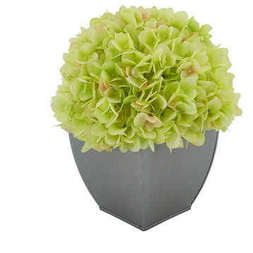 Artificial Hydrangea in Silver Tapered Zinc Cube, Green
