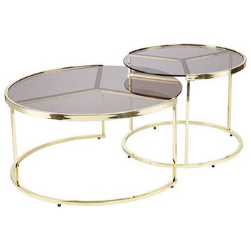 Unique Coffee Table Set, Nesting Design With Brass Metal Frame & Smoke Glass Top