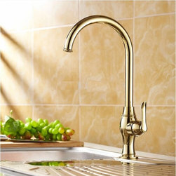 New Gold Finish Kitchen Faucet Brass Water Tap Smooth Neck - Kitchen Faucets