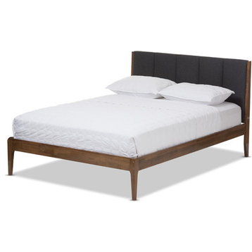 Ember Dark Gray Fabric and Medium Brown Finish Platform Bed, Gray, Full