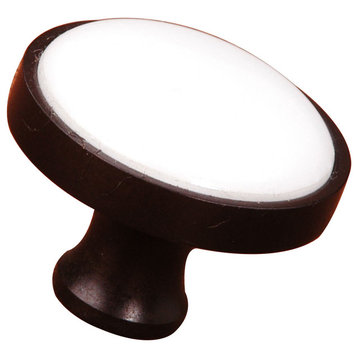 RK International, Porcelain Oil Rubbed and White Knob 1 1/4", Rubbed Bronze