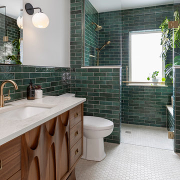 Moody Emerald Tile Bathroom with Mid-Century Walnut Vanity