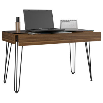 Arizona 120 Drawer Desk with Tempered Glass Top, and Hidden Storage, Mahogany