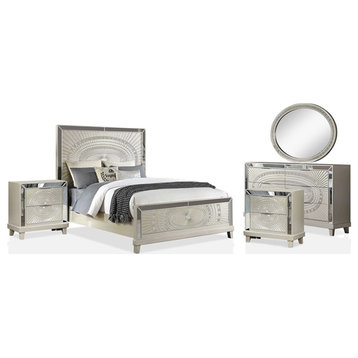 FOA Suie 5pc Champagne Gold Wood Bed Set - Queen+2 Nightstands+Dresser+Mirror