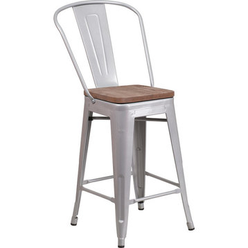 24" High Metal Counter Height Stool With Back and Wood Seat, Silver