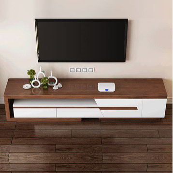 Modern Extendable TV Stand, Storage and Bookshelf/Drawer, White&walnut