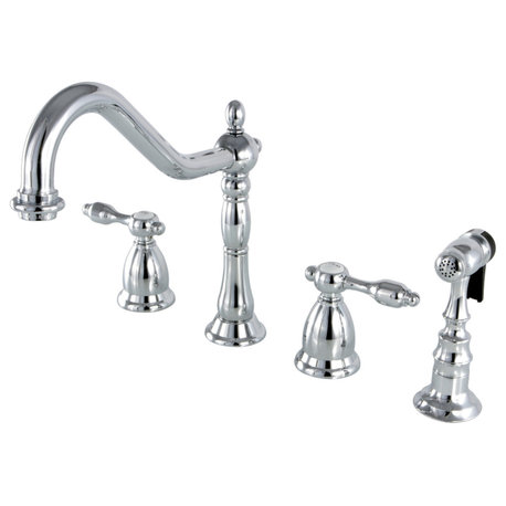 Kingston Brass Widespread Kitchen Faucet With Brass Sprayer, Polished Chrome