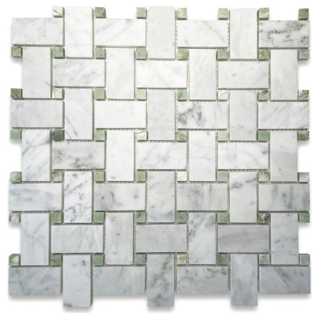 White Carrara Marble 1x2 Basketweave Mosaic Tile Green Dots Honed, 1 sheet