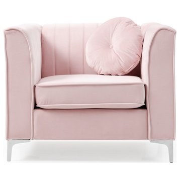 Delray Pink Vertical Channel Quilted Accent Chair With Round Throw Pillow