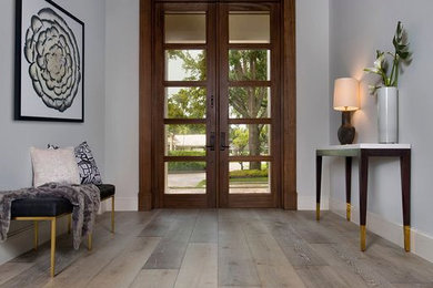 Example of a classic medium tone wood floor and brown floor entryway design in Miami with gray walls
