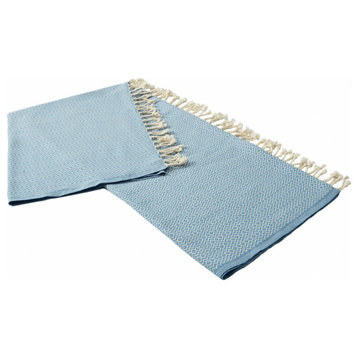 Blue and White Woven Cotton Geometric Throw Blanket